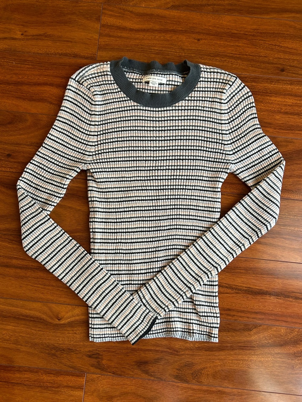 American Eagle Striped Crewneck Ribbed Long-Sleeve Top